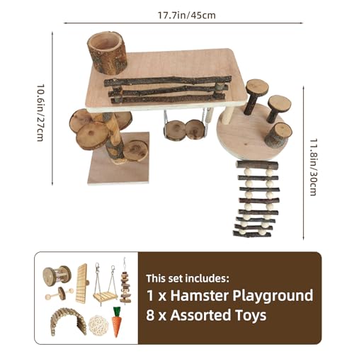 Hamster Playground & Climbing Toys Set, Natural Wooden Small Animal Activity Center with Ladder, Bridge, Ramp, Food Bowl, Multi-Room Hideout for Mice, Gerbils, Rats - Hamster Cage Accessories