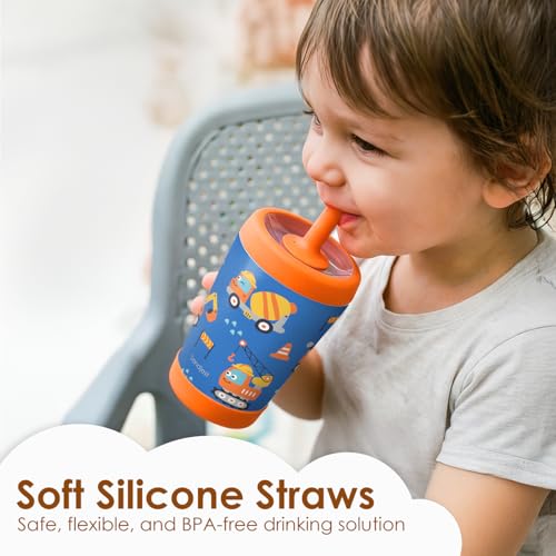 SANDJEST Kids nsulated Stainless Steel Tumbler with Silicone Straw, 12 Ounces, Pack of 2 for Boys, Birthday Back to School (Construction + Dinosaur) - color: Construction + Dinosaur