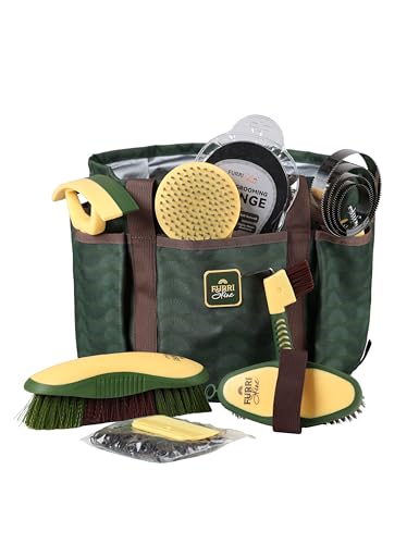 Horse Grooming Kit, 9 Piece Grooming Brush Set with Silicone Curry Comb for Bathing & Shedding Pasture Glow - color: Pasture Glow