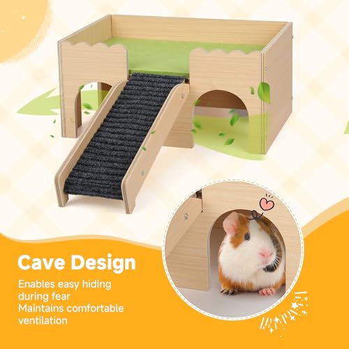Wooden Guinea Pig Hideout Castle with Stairs,Small Animal Bed Hut Habitats Spacious 2-Level Detachable Small Pet House for Rabbits, Hamsters & Chinchillas Bunny (Green) - color: Green