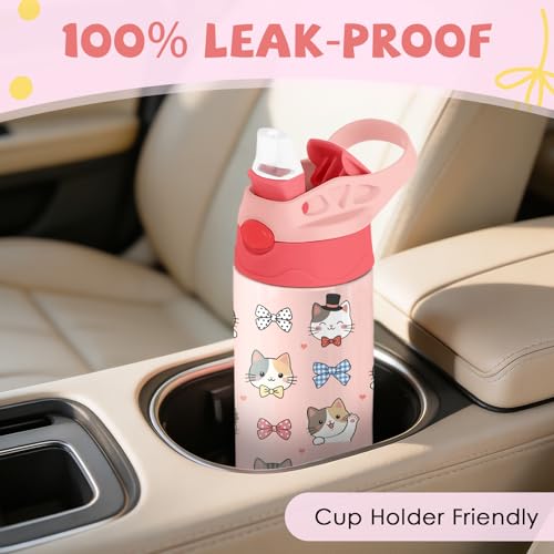 Cat & Bowknot 12 oz Water Bottle with Straw – Kids Stainless Steel Vacuum Insulated Cup, Leakproof Pop-Up Spout, Reusable Travel Mug for Girls Outdoor Sports - color: Cat1