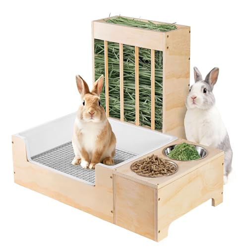 Extra-Large 3 in 1 Rabbit Litter Box with Hay Feeder and Bowls Set, Wood, Mess Proof, for Guinea Pigs, Chinchillas, Hamsters, and Rabbits