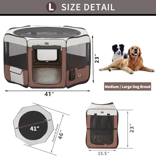 DONORO Dog Playpen 46" Portable Pet Play Pens for Small Medium Dogs, Foldable Exercise Kennel Tent Crate Indoor/Outdoor Travel Camping, Removable Top/Bottom (Brown, Large (46"x46"x23"), 8) - color: Brown, size: Large (46"x46"x23")