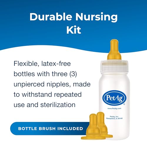 Pet-Ag Nursing Kit - 4 oz - Promotes The Natural Feeding of Liquids to Baby Animals - Each Kit Includes 4 oz. Bottle with Cap, 3 Nipples & Cleaning Brush - size: 4 Ounce (Pack of 1)