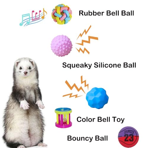 12 pcs Ferret Squeaky Toys Balls Squeaker Toys Teething Chewing Toy Colorful Bouncy Rubber Bell Balls Mylar Crinkle Interactive Sound Exercise Scratch Chew Toy for Ferrets Pet Cat Dog - color: pattern 1