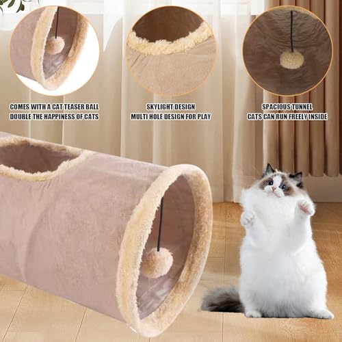 Cat Tunnel,Indoor Cat Play Tube Toys with Play Ball,Durable Collapsible Rabbit Hideaway Tunnel for Kitten,Bunny, Guinea Pig, Rat, Hamster, Ferret, Chinchilla (Khaki) - color: Khaki