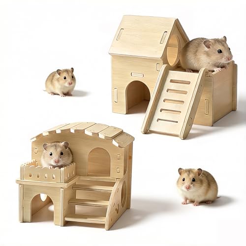 Wood Hamster House Set of 2 Tiny Wooden Hideout Castle Double-Decker Hut Multi-Chamber Maze Wood House with Slide, for Dwarf Hamster, Gerbil, Mouse, Guinea Pig Small Animals(Only for Small Hamster)