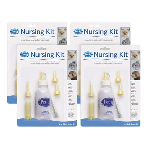 Pet-Ag Nursing Kit - 2 oz, Pack of 4 - Promotes The Natural Feeding of Liquids to Baby Animals - Each Kit Includes 2 oz. Bottle with Cap, 5 Nipples & Cleaning Brush - size: 2 Ounce (Pack of 4)