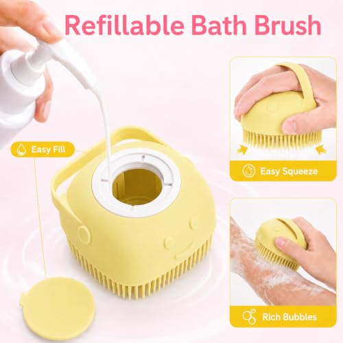 Dog and Cat Bath Brush with Shampoo Dispenser, Silicone Pet Grooming Brush for Dogs Cats, Soft Massage Scrubber for Bath, Easy Clean Ergonomic Pet Shower Brush for Small Medium Pets Yellow - color: Yellow