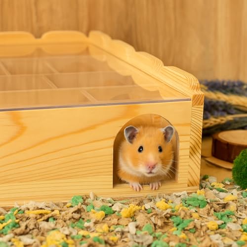 Wooden Hamster Maze with Clear Acrylic Cover, Multi-Chamber Hamsters Hide Tunnel Cage, Hideout Tunnel Toy Shed and Explore Toy for Dwarf Hamsters Mice Small Gerbil（Free-Installation）