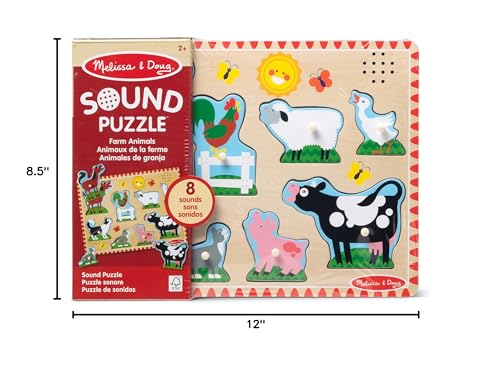 Melissa & Doug Farm Animals Sound Puzzle – 8-Piece Wooden Peg Puzzle with Light-Activated Sounds, Music Learning Toy for Toddlers and Preschoolers Ages 2+ - size: 11.95 x 8.8 x 1.05, style: Farm Animals