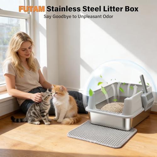 Stainless Steel Cat Litter Box for Kittens, Low Entry Kitten Litter Box | Small Metal Litter Box, Includes Scoop and Mat, High Sided, Non-Sticky, Anti-Urine Leakage, Easy Cleaning - size: Small(17.3"x13.4"x8.1")