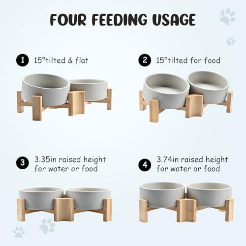 SPUNKYJUNKY 15° Slanted Ceramic Dog and Cat Bowl with Wooden Stand, Tilted Bulldog Food and Water Bowl No Slip Non-Spill for Cats Medium Dogs Big Face Pets 13.5 OZ (1.7 Cups, Grey × 2) - color: Grey, size: 1.7 CUPS × 2