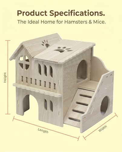 Large Wooden Hamster House & Gerbil Hideout – 8.5" Double-Decker Maze Hut with Slide, Multi-Level Small Animal Cage Accessory for Dwarf Hamsters, Mice, Rats, Gerbils﻿ - color: WOOD
