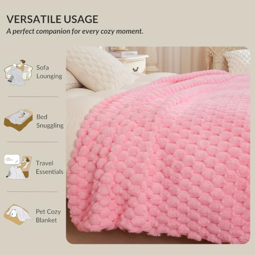 XeGe Luxury Bubble Fluffy Faux Rabbit Fur Bed Blanket Queen, Sweet Pink | 90"x90", Double-Sided, Hypoallergenic, No-Shed, Machine Washable, Pretty Comfy Fuzzy Blanket for Kids Teens Girls Women Mom - color: Pink, size: Queen (90" X 90")