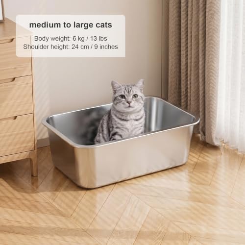 XX-Large High Sided Stainless Steel Cat Litter Box | Sturdy Metal, Odor-free, Cat Litter Non-stick and Easy to Clean, Ideal for Indoor Cats, Kittens and Multicat Houses - size: 23.43"L x 15.55"W x 7.68"H