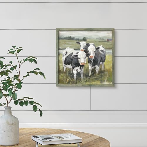 Farmhouse Framed Wall Art Decor: Rustic Farm Animal Wood Print Country Cow Picture Artwork Rural Countryside Painting for Living Room Bedroom Office 16 x 16 Inches - color: Farm Cow, size: 16L" x 16W"