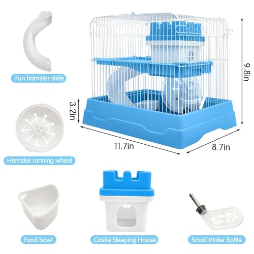 PINVNBY 2-Tier Dwarf Hamster Cage, Travel Portable Guinea Pig Cages Rat Cage and Habitats Small Animal Carrier with Castle House Exercise Wheels, Water Bottle and Food Dish(Blue) - color: Blue, size: M: 11.7x8.7x9.8in