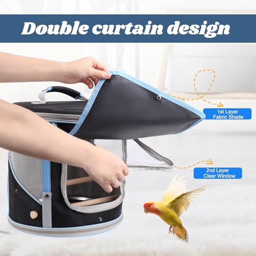 halinfer Small to Medium Bird Travel Carrier Cage, Portable Parrot Parakeet Cockatile Conure Transport Cage with Clear Window and Fabric Shade, Round Carry Bird Bag - color: Black