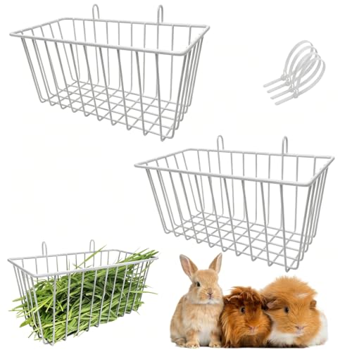 Rabbit Hay Feeder Rack, Metal Hanging Hay Dispenser (White, Large) | 2 Pack Small Animals Hay Feeder for Cage Metal Hanging Hay Holder for Rabbits Guinea Pigs Chinchillas Ferrets - color: White, size: Large
