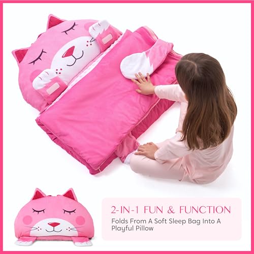 JOIEDOMI Kids Sleeping Bag 4 5 6 Year Old Girl Gifts Toddler Nap Mat with Pillow & Blanket 60" x 27" for Kids Ages 3+ Soft Plush Sleeping Mat for Preschool and Boys Girls - color: Pink Cat