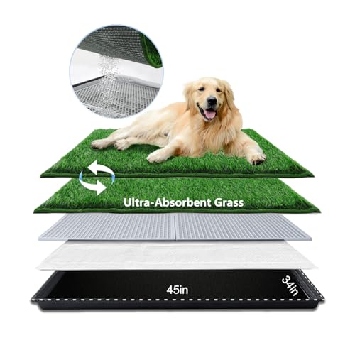 HQ4US Dog Grass Pad with Tray, Odor Free Grass Pee Pad for Dog Litter Box | Extra Large Dog Potty Tray with Grate, Artificial Grass Fast Drainage, Hemmed Edge, Realistic, Fake Grass for Indoor Balcony - size: XL - 45" x 34" for Dog＜ 38'' Length