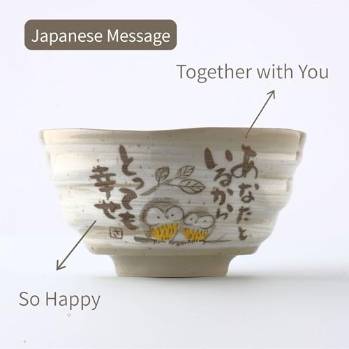 Japanese Rice Bowls, Miso Soup Bowls, Owl Design, Set of 2, 4.5 inch - color: Owl
