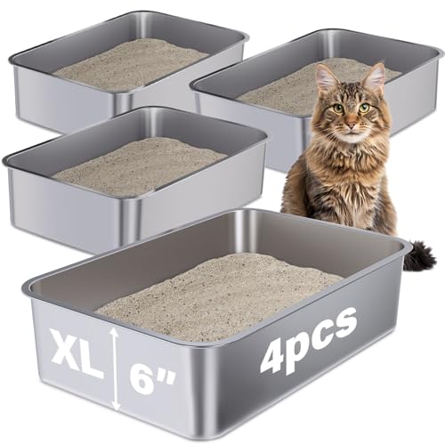 Stainless Steel Litter Box, XL Metal Litter Box 4 Pack | 23.6"x15.7"x6" Easy to Clean,Non Stick No Smell Steel Cat Litterbox - size: 4 Pack-X-Large (23.6"×15.7"×6")