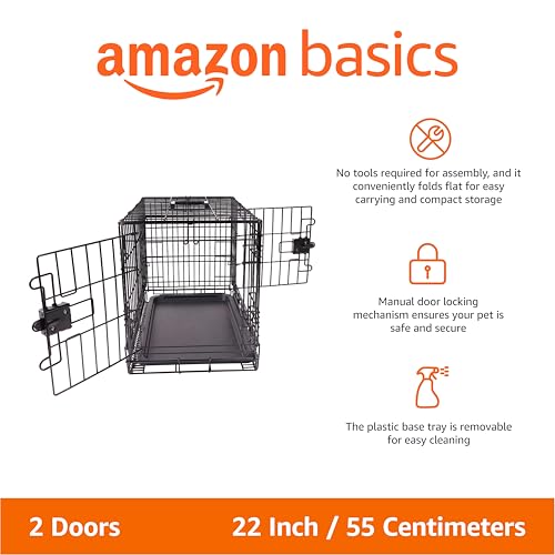 Amazon Basics Portable, Foldable Metal Wire Dog Crate with Removable Tray, Double Door, Divider Panel, Easy to Assemble, 22 x 13 x 16 in, Black - size: 22.0"L x 13.0"W x 16.0"H, style: Double Door w/ Divider