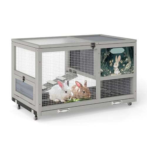 COZIWOW 36.5-Inch Double-Decker Wooden Rabbit Hutch with Wheels, Featuring A Cleaning Tray and Ladder—Stylish and Easy to Assemble（Grey and Pattern） - color: Grey and Pattern