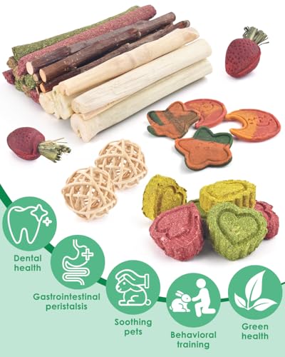 ERKOON 33PCS Bunny Chew Toys for Rabbits Teeth, Natural Rabbit Toys Apple Wood Sticks, Carrot, Timothy Grass Treats for Small Pets, Hamster, Chinchilla, Guinea Pig Dental Care and Treat Teething Toys - size: 33