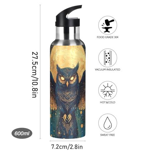 Owl Moon Moth Moon Water Bottle Kids Stainless Steel Water Bottle with Straw Lid, Leak Proof Boys Girls Insulated Tumbler Cup for School 20 oz - color: Multi21