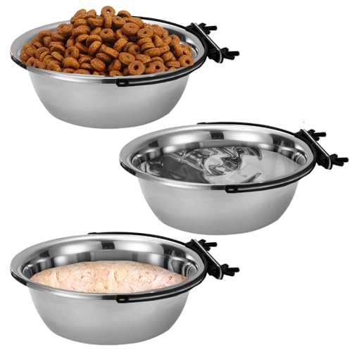 kathson Dog Kennel Bowls for Crates, 3 Pcs Stainless Steel Pet Food Water Bowls with Clamp Holder Hanging Metal Puppy Feeding Dish Cage Coop Cup for Cat Rabbit Ferret Bird (8.5 * 2.7in)