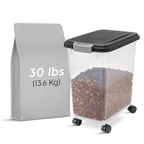 IRIS USA Dog Food Container & Slow Feeder Bowl, Up to 30 lbs, Black | Includes 2-Cup Sccop & Wheels, Airtight Seal, BPA-Free, Bird Seed, Cat food, Cat Litter, Treats, Short Snout Bowl - color: Black, size: 30 lbs - 1 Pack