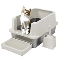 RIZZARI Stainless Litter Box Semi-Closed: Odorless, Large, Easy Clean | High Splash Guard / Non-Stick Steel Pan / 20L Capacity / Raised Step / Fits Any Room / Multi-Cat Use - color: Beige, 1 Pack