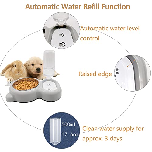 Tfwadmx Pet Double Dishes Rabbit Food Water Dispenser Set Cat Self Filling Bowls No Spill Dog Automatic Waterer Bottle Anti Gravity Feeder Cute Detachable Stainless Steel Bowl for Kitten Puppy Bunny - color: Grey