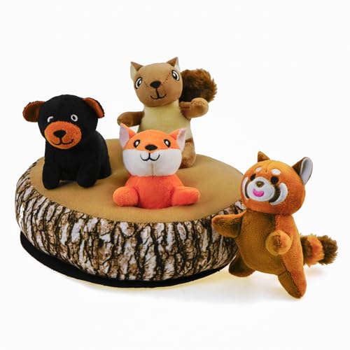 Hide and Seek Dog Toys, Multi-Purpose Interactive Squeaky Puppy Toys with Detachable Non-Slip Base, Treat Dispensing & Flying Disc Fetch, Enrichment Toys for Small Medium Large Dogs - color: Trunk Hideout with 4 animals