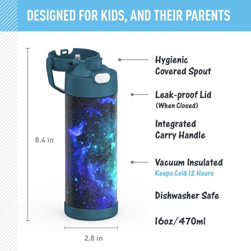 THERMOS FUNTAINER Water Bottle with Spout, 16oz, Galaxy Teal | Kids Stainless Steel Insulated Water Bottle, Keeps Drinks Cold Longer for School & Play, BPA-Free - color: Galaxy Teal, size: 16 Ounces