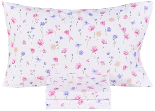 Scientific Sleep Flowers Dancing in The Wind Pink Boys Girls 100% Cotton 3 Pcs Twin Bed Sheet Set Kids Toddler Teen, Flat Sheet & Fitted Sheet & Pillowcase Kids Bedding Set (Flowers, Twin) - color: Flowers, size: Twin