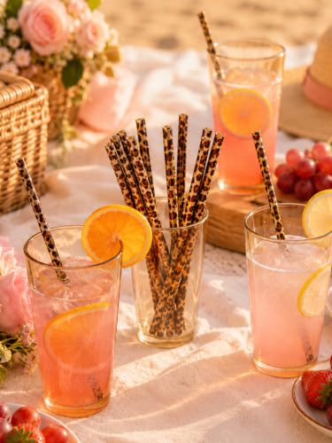 10 Pcs Reusable Leopard Straws Hard Plastic Drinking Straw and Cleaning Brush Leopard Print Animal Drinking Straw Statement Cheetah Animal Straws for Party(Brown) - color: Brown