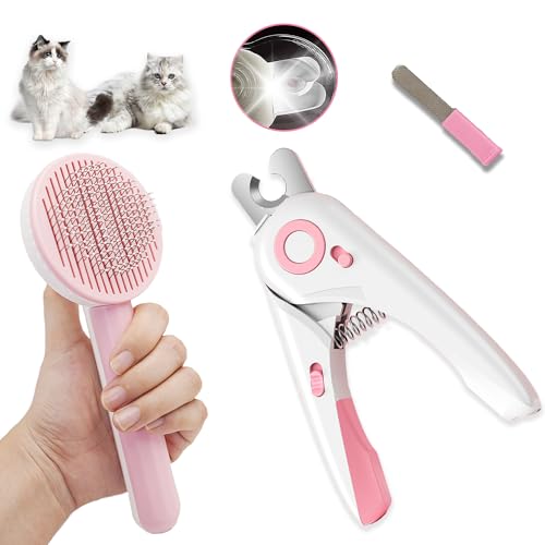 Self Cleaning Cat Brush for Shedding, LED Light Nail Clipper and Nail File | Slicker Brushes and Nail Trimmer for Long Haired Cats, Grooming Kit, Cat Lover Gifts - color: Pink