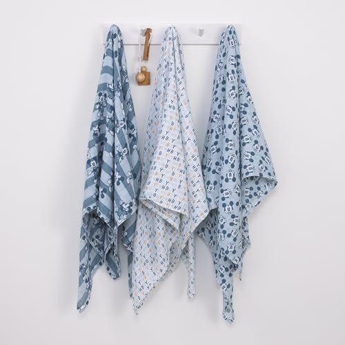 Disney Mickey Mouse 3 Piece Muslin Swaddle Baby Blanket Set - color: Mickey Mouse Gray, Charcoal, and White