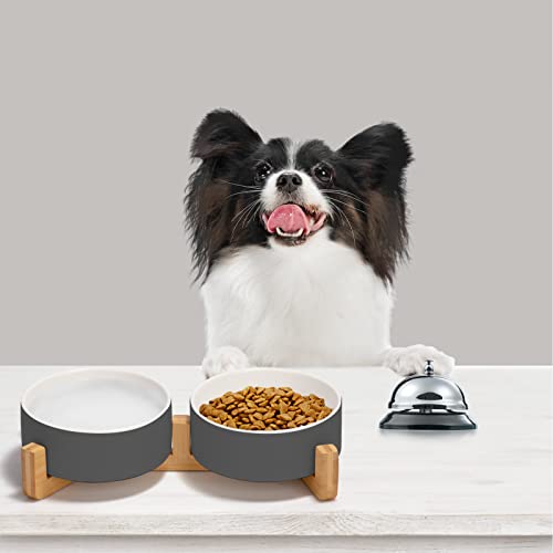 SPUNKYJUNKY Ceramic Dog and Cat Bowl Set with Wooden Stand, Modern Cute Weighted Food Water Set for Small Size Dogs (13.5OZ) & Medium Sized Dogs (28.7OZ) & Cats (1.7 Cups, 2 × White-Gray) - color: White-Grey × 2, size: 1.7 cups