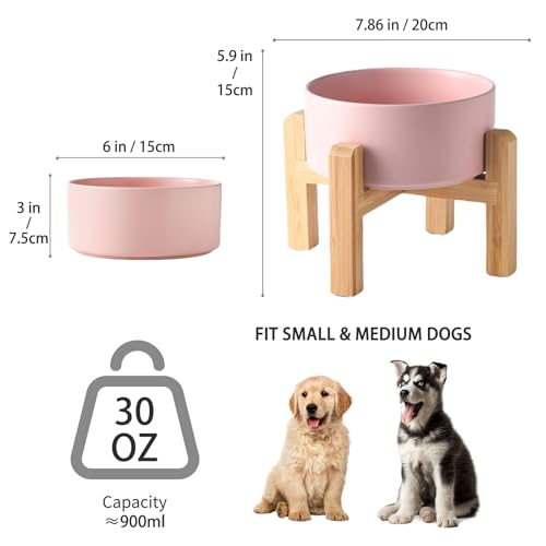 6'' Ceramic Raised Dog Bowl - 30Oz Dog Food & Water Bowl with Elevated Non-Slip Bamboo Stand, Dishwasher & Microwave Safe, Anti Vomiting Heavy Duty Pet Bowl for Small and Medium Dogs, Pink - color: 1 x Bowl + Stand - Pink, size: 6 inch