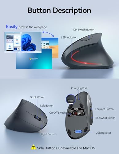 TECKNET Wireless Ergonomic Mouse, Rechargeable Wireless Vertical Mouse | Rechargeable Mouse Gray, 2.4GHz USB Receiver, Silent Click, 6 Adjustable DPI up to 4800, 6 Buttons for Laptop, PC & MacBook - color: Light Gray