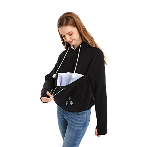 Unisex Big Pouch Hoodie Long Sleeve Fleece Pet Dog Holder Carrier Pullover Sweatshirt… - color: Black, size: Medium