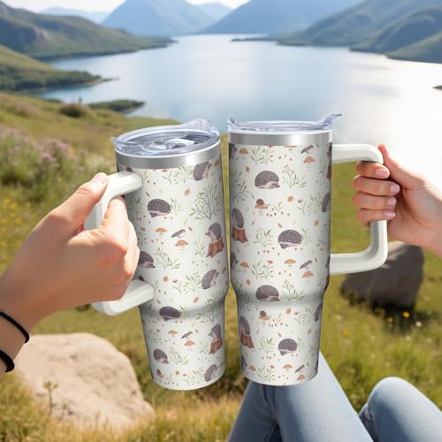 30oz Hedgehog Stainless Steel Tumbler with Handle and Straw, Insulated Cup Travel Coffee Mug Water Bottle with Lid and Straw, Animal Lovers Women Gifts - color: Hedgehog