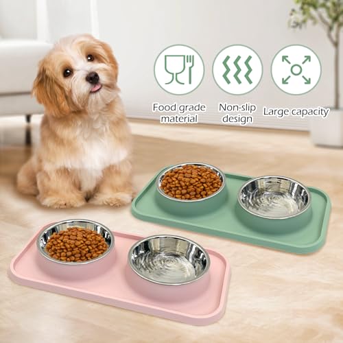 BNOSDM 2 Pcs Double Dog Food Bowls, Stainless Steel Small Dog Food and Water Bowls with Non-Spill Plastic Mat, Pet Cat Feeder Dish Set for Puppy Cats Kitten, Pink and Green - color: Pink+Green