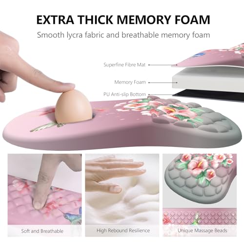 Mouse Pad with Wrist Rest & Keyboard Wrist Rest, Memory Foam - color: Bird Pink