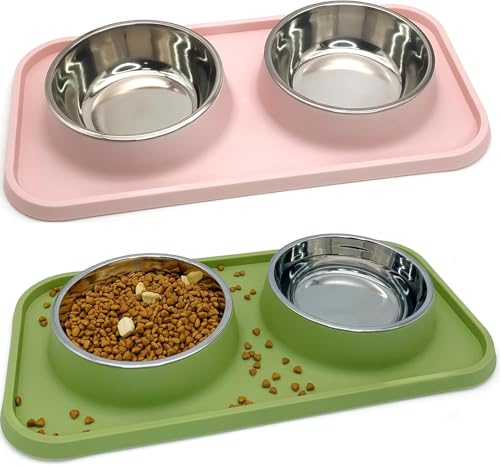 BNOSDM 2 Pcs Double Dog Food Bowls Stainless Steel Small Dog Food and Water Bowls with Non-Spill Plastic Mat Pet Cat Feeder Dish Set for Puppy Cats Kitten (Pink and Drak Green) - color: Pink+Drak Green